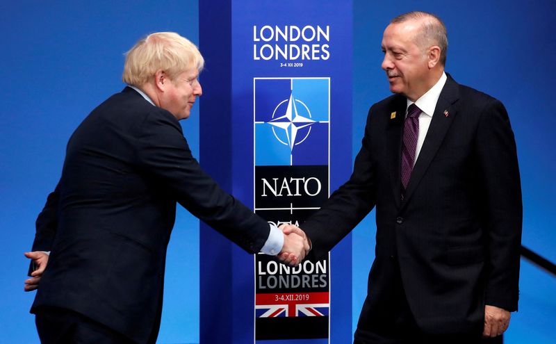 &copy; Reuters. FILE PHOTO: Britain's Prime Minister Boris Johnson shakes hands with Turkey's President Recep Tayyip Erdogan during a welcoming ceremony at the NATO leaders summit in Watford, Britain December 4, 2019. REUTERS/Christian Hartmann/Pool.  