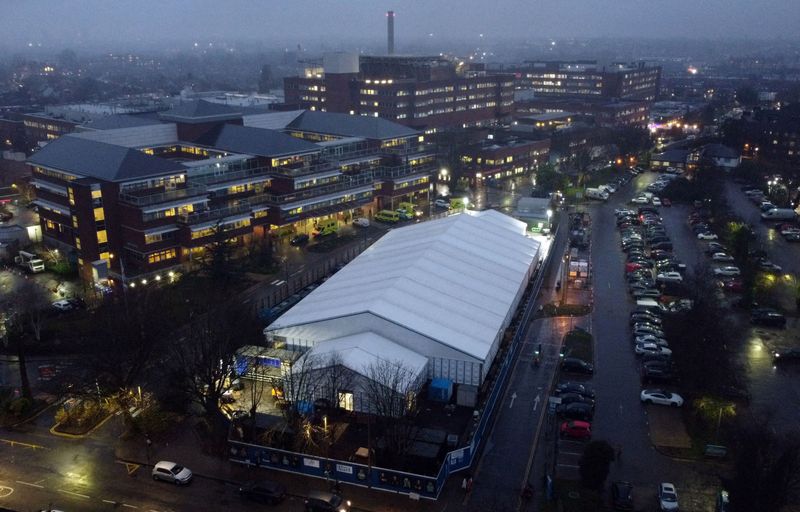 &copy; Reuters. FILE PHOTO: View of the site of a temporary field hospital in the grounds of St. George's Hospital, amid the spread of the coronavirus disease (COVID-19) pandemic in London, Britain, January 11, 2022. Picture taken with a drone. REUTERS/Hannah McKay