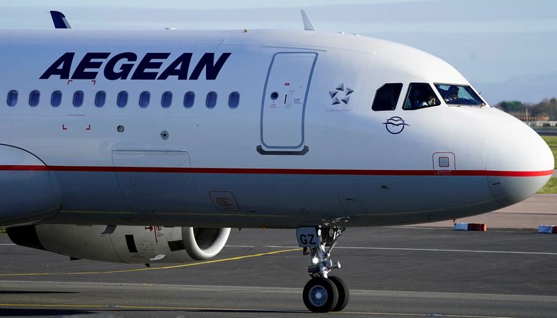 &copy; Reuters. FILE PHOTO: An Aegean Airlines Airbus A320-200 taxis as it prepares to take off from Manchester Airport, Britain, January 8, 2018. REUTERS/Phil Noble