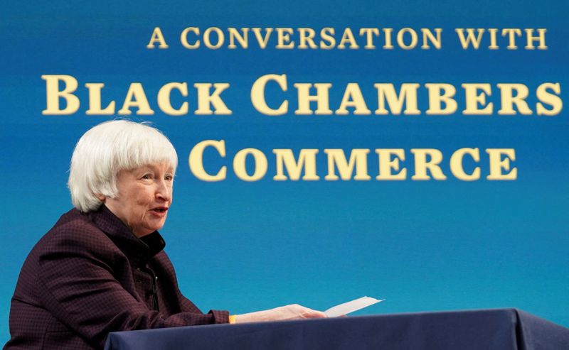 &copy; Reuters. FILE PHOTO: U.S. Treasury Secretary Janet Yellen speaks during a virtual roundtable with participants from local Black Chambers Of Commerce from across the country to discuss the American Rescue Plan at the White House in Washington, U.S., February 5, 202