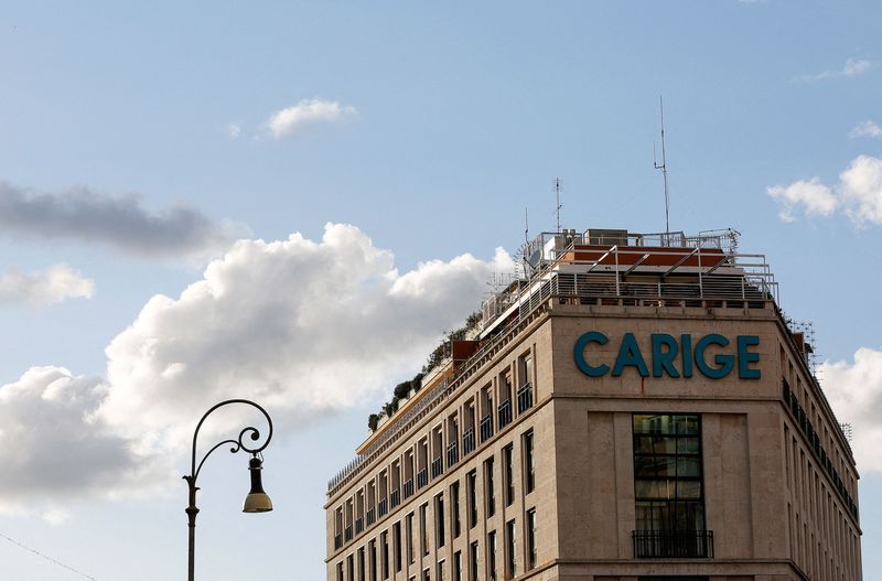 &copy; Reuters. FILE PHOTO: The logo of Carige bank is seen in Rome, Italy, April 9 2016.    REUTERS/Alessandro Bianchi/File Photo