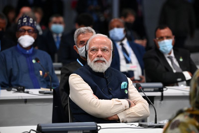 &copy; Reuters. رئيس الوزراء الهندي ناريندرا مودي خلال مشاركته في قمة المناخ في جلاسكو يوم 1 نوفمبر تشرين الثاني 2021. صورة لرويترز من ممثل عن وكالات الأنباء