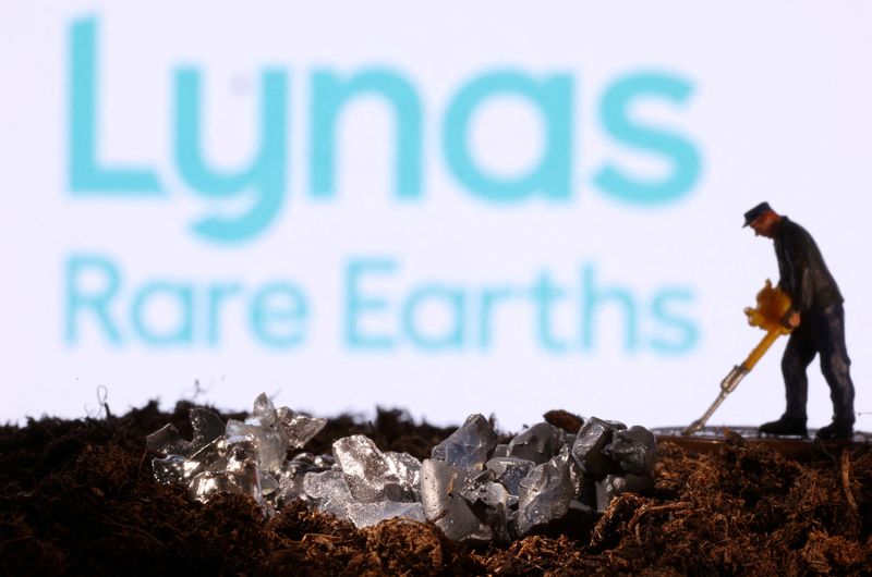 &copy; Reuters. FILE PHOTO: A small toy figure and mineral imitation are seen in front of the Lynas Rare Earths logo in this illustration taken November 19, 2021. REUTERS/Dado Ruvic/Illustration/File Photo