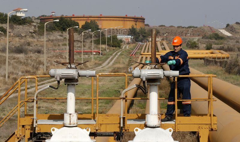© Reuters. عامل يتحقق من تروس الصمامات للأنابيب المرتبطة بخزانات النفط في ميناء جيهان التركي على البحر المتوسط والذي تديره شركة (بوتاس) في صورة من أرشيف رويترز. 