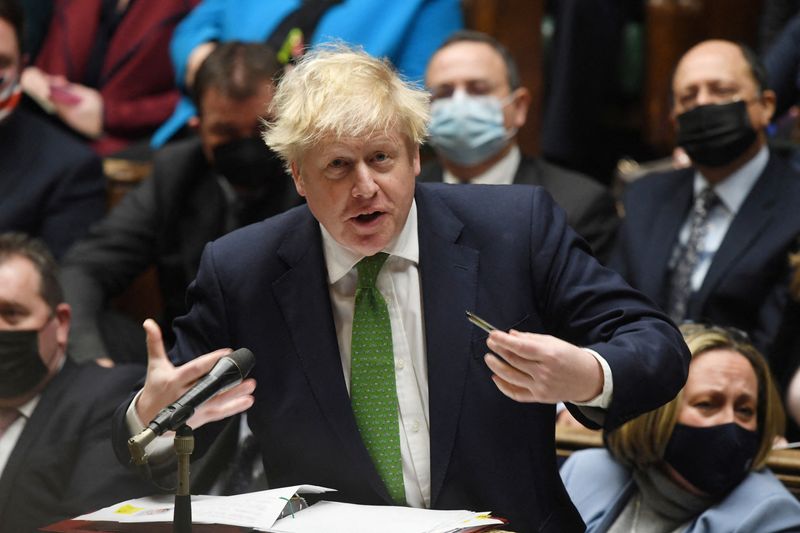 © Reuters. British Prime Minister Boris Johnson speaks during the weekly question time debate at Parliament in London, Britain, January 19, 2022. UK Parliament/Jessica Taylor/Handout via REUTERS 