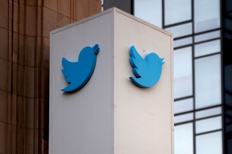 © Reuters. FILE PHOTO: FILE PHOTO: A Twitter logo is seen outside the company headquarters in San Francisco, California, U.S., January 11, 2021. REUTERS/Stephen Lam/File Photo/File Photo