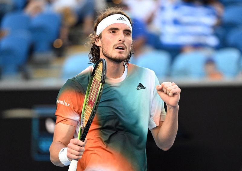 &copy; Reuters. Stefanos Tsitsipas durante partida contra Sebastián Báez no Aberto da Austrália
20/01/2022 REUTERS/Morgan Sette