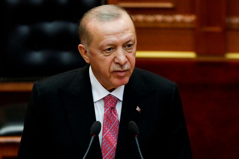 © Reuters. FOTO DE ARCHIVO: El presidente turco, Recep Tayyip Erdogan, durante una comparecencia ante el Parlamento albano en Tirana, Albania, el 17 de enero de 2022. REUTERS/Florion Goga