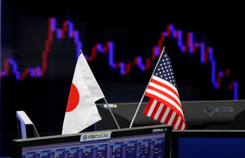 © Reuters. FILE PHOTO: National flags of Japan and the U.S. are seen in front of a monitor showing a graph of the Japanese yen's exchange rate against the U.S. dollar at a foreign exchange trading company in Tokyo, Japan, January 23, 2017. REUTERS/Toru Hanai