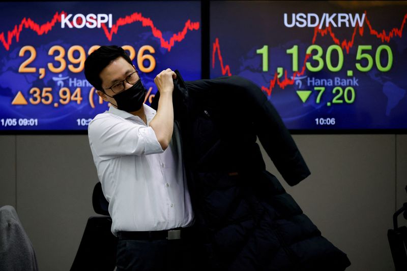 © Reuters. FILE PHOTO: A currency dealer walks past electronic boards showing the Korea Composite Stock Price Index (KOSPI) and the exchange rate between the U.S. dollar and South Korean won at a dealing room of a bank, in Seoul, South Korea, November 5, 2020./