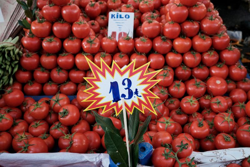 &copy; Reuters. FILE PHOTO: A price tag for tomatoes is pictured at a street market in Istanbul, Turkey, January 4, 2022. REUTERS/Murad Sezer/File Photo
