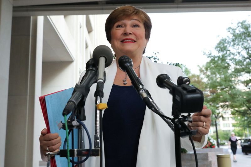 &copy; Reuters. FILE PHOTO: International Monetary Fund (IMF) Managing Director Kristalina Georgieva speaks to reporters as she arrives for her first day in her new post at IMF headquarters in Washington, U.S. October 1, 2019.  REUTERS/Jonathan Ernst