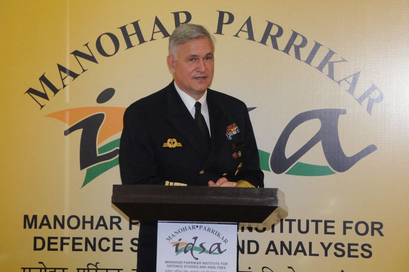 © Reuters. German Navy Vice Admiral Kay-Achim Schoenbach speaks during a lecture at the Manohar Parrikar Institute for Defence Studies and Analyses (MP-IDSA) in New Delhi, India January 21, 2022.   Manohar Parrikar Institute for Defence Studies and Analyses/Handout via REUTERS 
