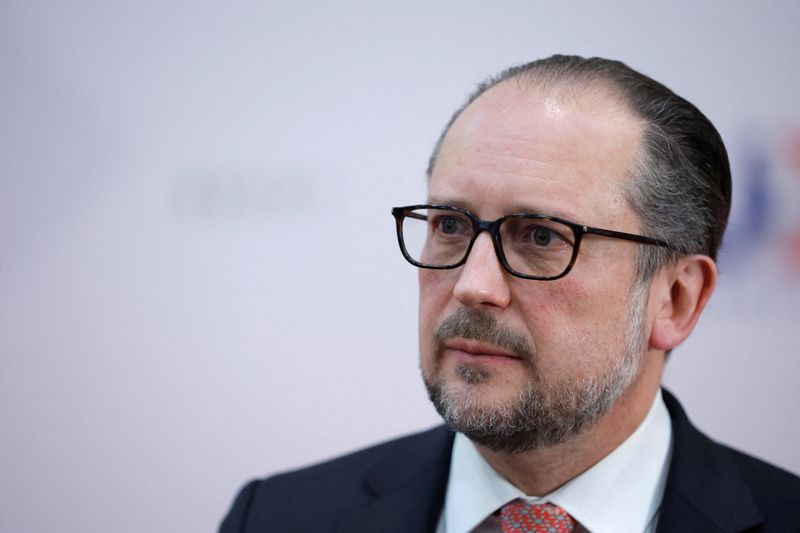 &copy; Reuters. Austria's Foreign Minister Alexander Schallenberg talks to journalists as he arrives to attend a working session during a European Union Foreign Ministers informal meeting (Gymnich) in Brest, western France, January 14, 2022. REUTERS/Stephane Mahe