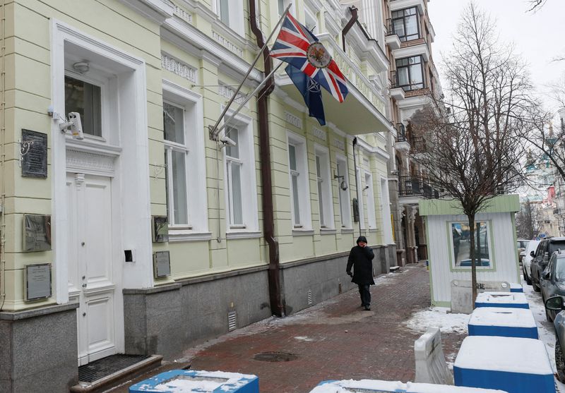 &copy; Reuters. A view shows the British Embassy in Kyiv, Ukraine January 24, 2022. The British Embassy in Ukraine said some staff and dependants were being withdrawn from Kyiv amid tensions between Russia and the West over Ukraine. REUTERS/Gleb Garanich