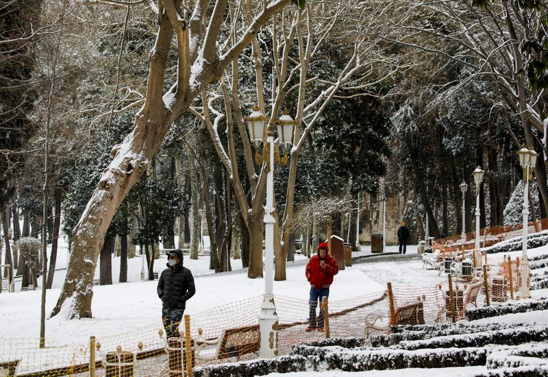 &copy; Reuters. ثلوج تغطي حديقة في إسطنبول يوم الأحد. تصوير اوميت بكتاش - رويترز.