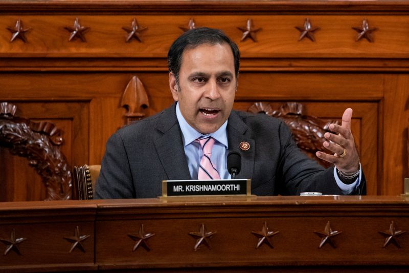 &copy; Reuters. FILE PHOTO: Rep. Raja Krishnamoorthi (D-IL) questions Gordon Sondland, US Ambassador to the European Union, during a House Intelligence Committee hearing as part of the impeachment inquiry into U.S. President Donald Trump on Capitol Hill in Washington, U.
