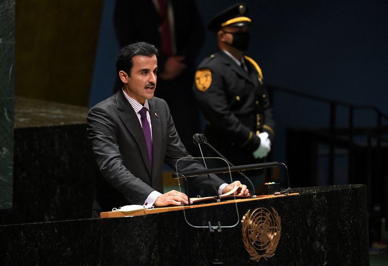 &copy; Reuters. أمير قطر الشيخ تميم بن حمد آل ثاني يلقي كلمة أمام الجمعية العامة للأمم المتحدة في مقر المنظمة في نيويورك يوم 21 سبتمبر أيلول 2021. صورة لرويترز 