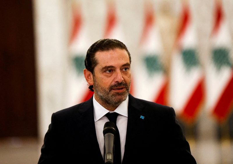 &copy; Reuters. FILE PHOTO: Former Lebanese Prime Minister Saad Hariri, talks at the presidential palace in Baabda, Lebanon July 26, 2021. REUTERS/Mohamed Azakir/File Photo