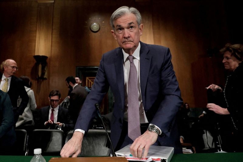 &copy; Reuters. FILE PHOTO: Federal Reserve Board Chairman Jerome Powell leaves after a Senate Banking Committee hearing on The Semiannual Monetary Policy Report to the Congress on Capitol Hill in Washington, U.S., February 12, 2020. REUTERS/Yuri Gripas/File Photo