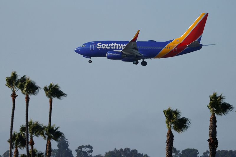 &copy; Reuters. A Southwest airplane approaches to land in San Diego, California August 24, 2020.  REUTERS/Mike Blake