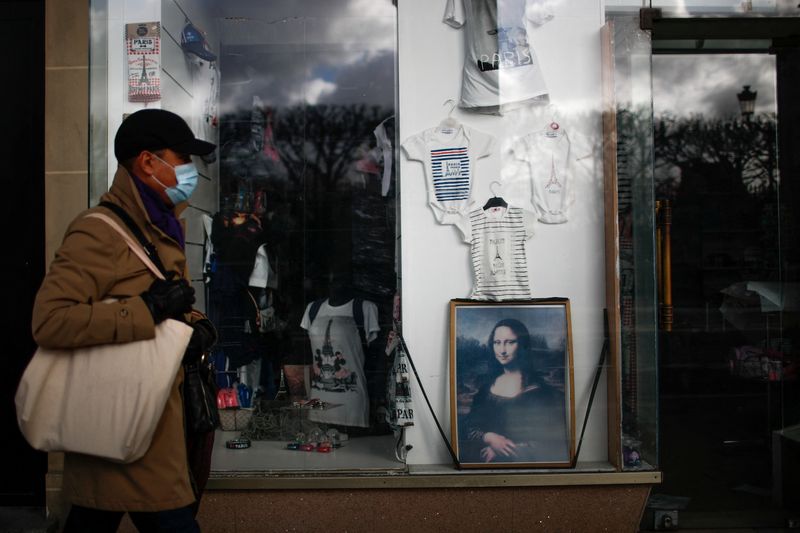 &copy; Reuters. FILE PHOTO: A man, wearing a protective face mask, walks past a "Mona Lisa" (La Joconde) poster displayed in a closed tourist souvenir shop at the arcades of the Rue de Rivoli in Paris amid the coronavirus disease (COVID-19) outbreak in France January 29,