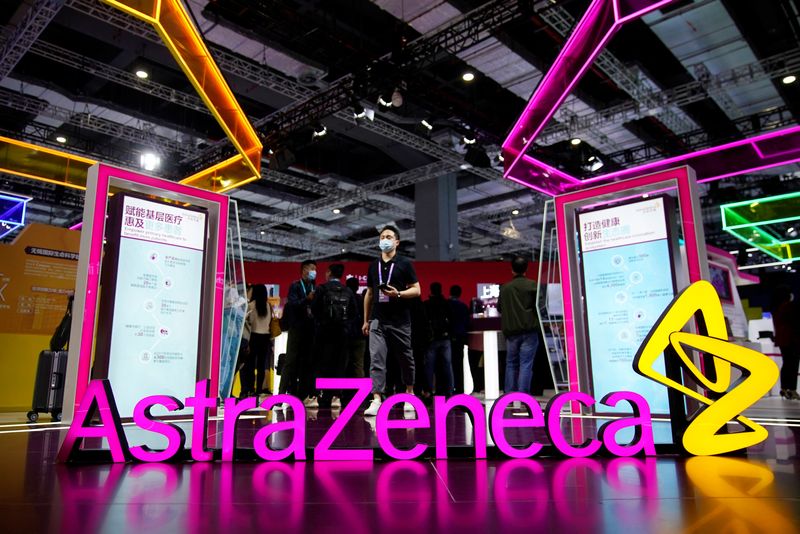 &copy; Reuters. FILE PHOTO: An AstraZeneca sign is seen at the third China International Import Expo (CIIE) in Shanghai, China November 6, 2020. REUTERS/Aly Song