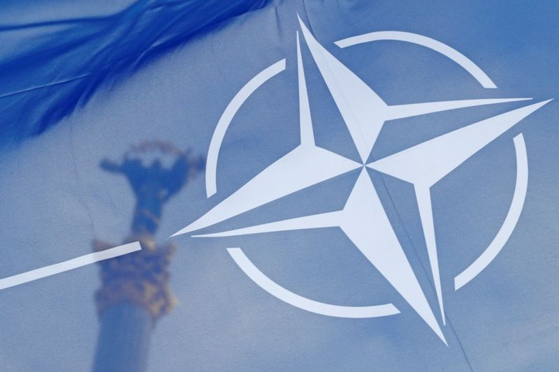 © Reuters. NATO flag flies in front of the Independence Monument during a rally of supporters of the 