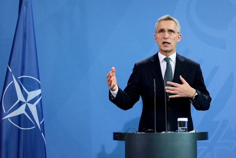 &copy; Reuters. NATO Secretary General Jens Stoltenberg speaks during a news conference with German Chancellor Olaf Scholz after their talks at the Chancellery in Berlin, Germany, January 18, 2022. REUTERS/Hannibal Hanschke/Pool