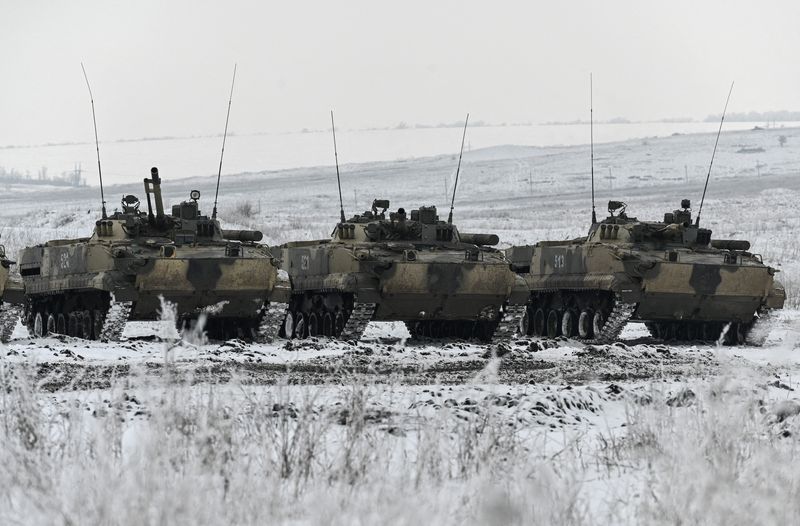 &copy; Reuters. FILE PHOTO: A view shows Russian BMP-3 infantry fighting vehicles during drills held by the armed forces of the Southern Military District at the Kadamovsky range in the Rostov region, Russia January 27, 2022. REUTERS/Sergey Pivovarov