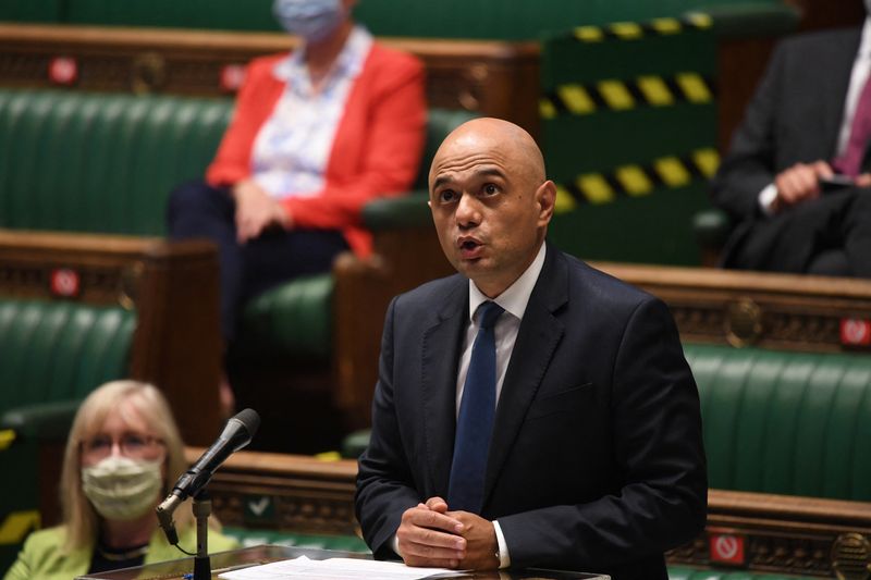 &copy; Reuters. FILE PHOTO: Britain's Secretary of State for Health and Social Care Sajid Javid gives a statement on the coronavirus disease (COVID-19) update during a session in Parliament, in London, Britain July 12, 2021. UK Parliament/Jessica Taylor/Handout via REUTE