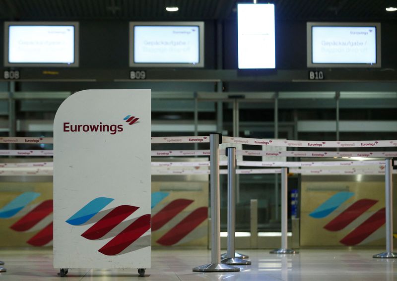 &copy; Reuters. FILE PHOTO: A logo of Eurowings is pictured at the Cologne-Bonn airport during a strike of cabin crew employees of German airline Germanwings called by German cabin crew union UFO in Cologne, Germany, December 30, 2019. REUTERS/Thilo Schmuelgen
