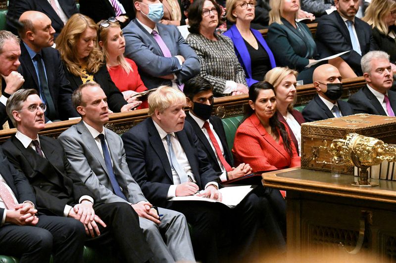 &copy; Reuters. British Prime Minister Boris Johnson listens after making a statement on Sue Gray's report regarding the alleged Downing Street parties during COVID-19 lockdown, in the House of Commons in London, Britain, January 31, 2022. UK Parliament/UK Parliament/Jes