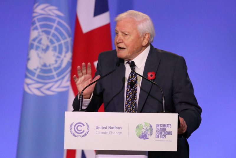 &copy; Reuters. FILE PHOTO: Sir David Attenborough delivers a speech during the opening ceremony of the UN Climate Change Conference (COP26) in Glasgow, Scotland, Britain November 1, 2021. Steve Reigate/Pool via REUTERS/File Photo