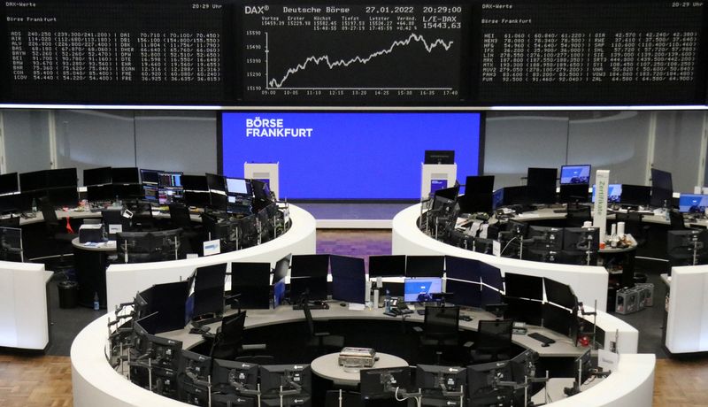 &copy; Reuters. FILE PHOTO: The German share price index DAX graph is pictured at the stock exchange in Frankfurt, Germany, January 27, 2022.    REUTERS/Staff