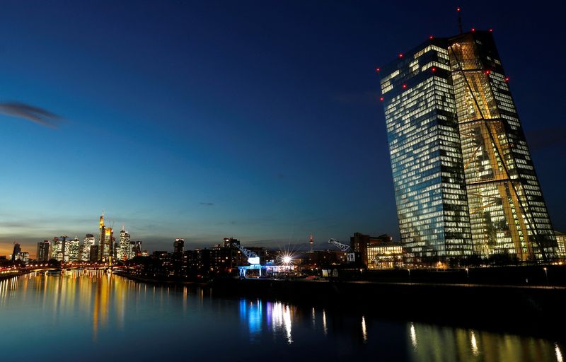 &copy; Reuters. FILE PHOTO: The skyline with its financial district and the headquarters of the European Central Bank (ECB) are photographed in the early evening in Frankfurt, Germany, December 4, 2018. REUTERS/Kai Pfaffenbach