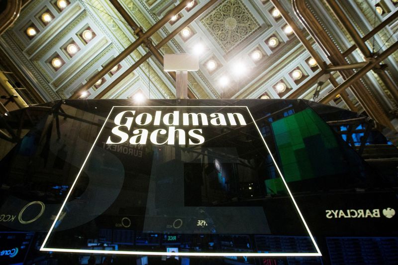 &copy; Reuters. FILE PHOTO: A Goldman Sachs sign is seen above the floor of the New York Stock Exchange , January 24, 2014.  REUTERS/Lucas Jackson/File Photo