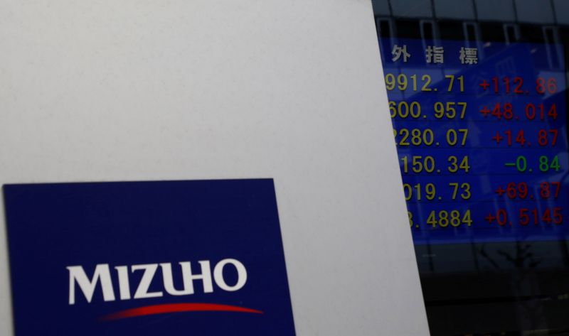 © Reuters. FILE PHOTO: Mizuho Financial Group's logo is seen next to an electronic board showing stock prices indexes at a branch of Mizuho Securities in Tokyo, Japan January 25, 2017. Picture taken January 25, 2017.  REUTERS/Kim Kyung-Hoon