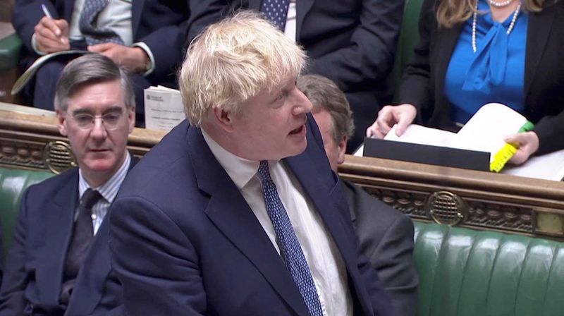 © Reuters. British Prime Minister Boris Johnson speaks during the weekly question time debate at Parliament in London, Britain, February 2, 2022, in this screen grab taken from video. Reuters TV via REUTERS 