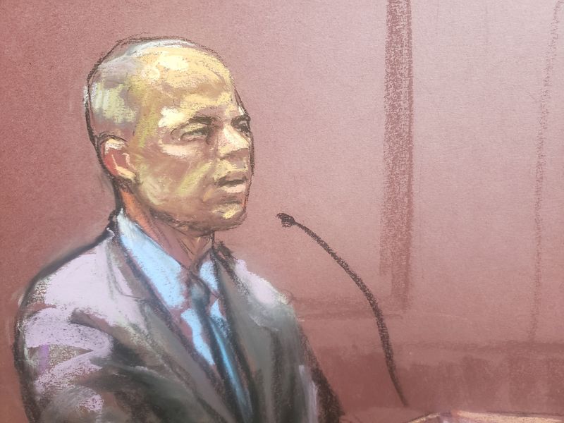 &copy; Reuters. FILE PHOTO: Former attorney Michael Avenatti cross-examines witness Stormy Daniels (not seen) during his criminal trial at the United States Courthouse in the Manhattan borough of New York City, U.S., January 28, 2022 in this courtroom sketch. REUTERS/Jan