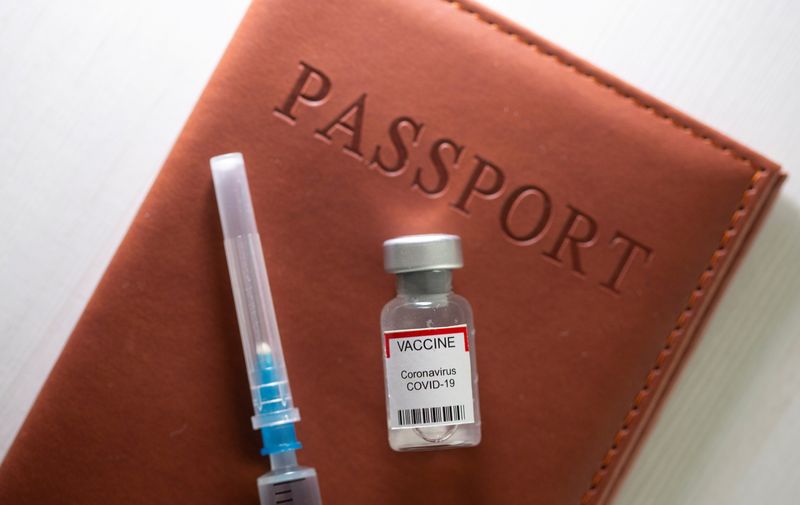 &copy; Reuters. FILE PHOTO: A syringe and a vial labelled "coronavirus disease (COVID-19) vaccine" are placed on a passport in this illustration taken April 27, 2021. REUTERS/Dado Ruvic/Illustration