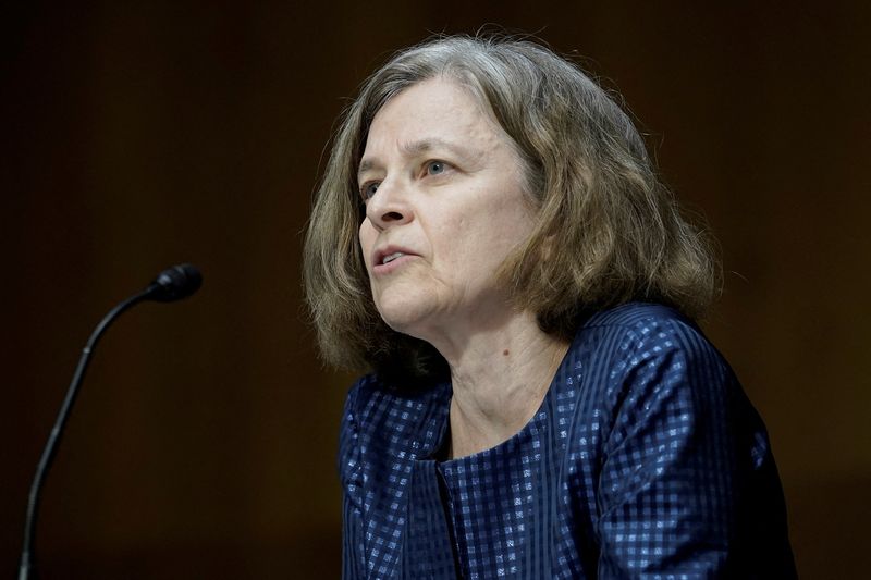 © Reuters. FILE PHOTO: Sarah Bloom Raskin, nominated to be vice chair for supervision and a member of the Federal Reserve's Board of Governors, speaks before a Senate Banking, Housing and Urban Affairs Committee confirmation hearing on Capitol Hill in Washington, D.C., U.S., February 3, 2022. REUTERS/Ken Cedeno/Pool/File Photo