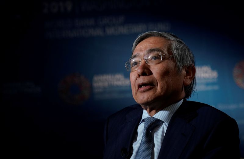 &copy; Reuters. FILE PHOTO; Bank of Japan (BOJ) Governor Haruhiko Kuroda, speaks during an interview with Reuters in Washington, U.S. October 19, 2019. REUTERS/Carlos Jasso