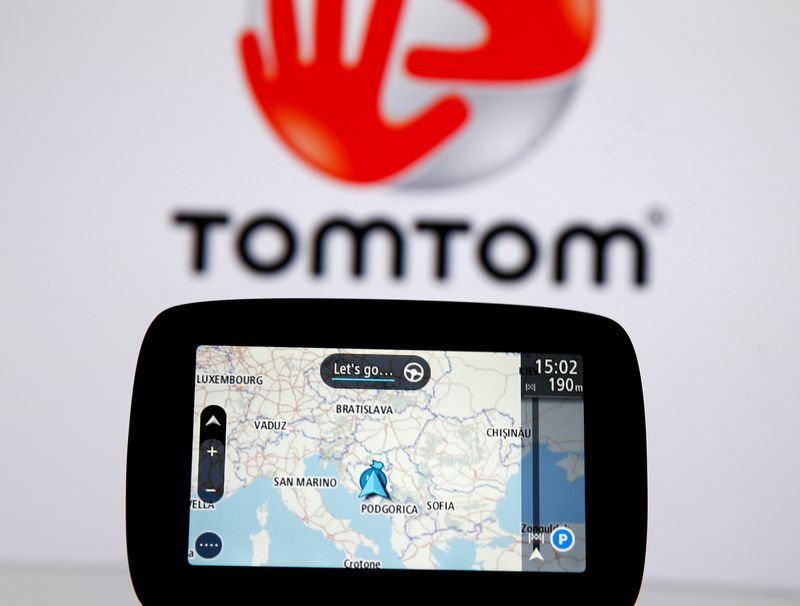 &copy; Reuters. FILE PHOTO: TomTom navigation are seen in front of TomTom displayed logo in this illustration taken July 28, 2017. REUTERS/Dado Ruvic