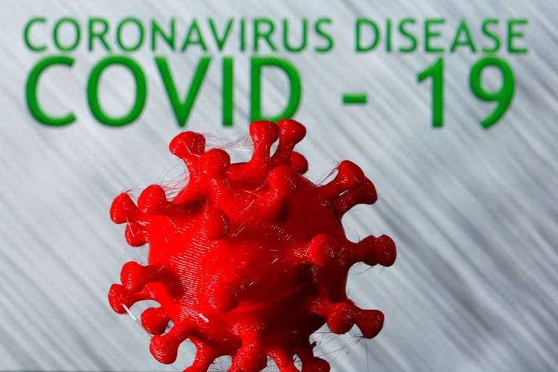 &copy; Reuters. FILE PHOTO: A 3D-printed coronavirus model is seen in front of the words coronavirus disease (Covid-19) on display in this illustration taken March 25, 2020. REUTERS/Dado Ruvic/Illustration