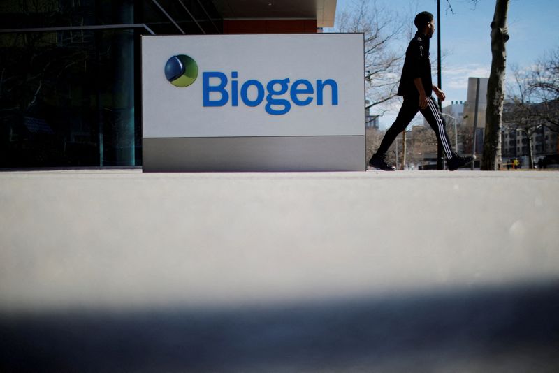 © Reuters. FILE PHOTO: FILE PHOTO: A sign marks a Biogen facility in Cambridge, Massachusetts, U.S., March 9, 2020.   REUTERS/Brian Snyder/File Photo  