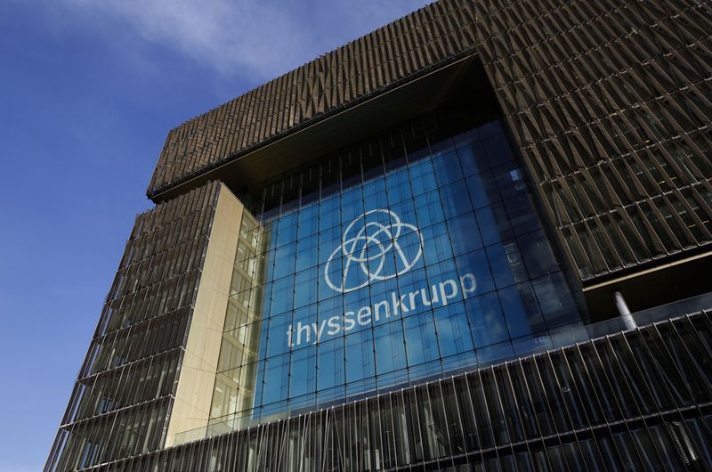 &copy; Reuters. FILE PHOTO: Thyssenkrupp AG's new company logo adorns it's headquarters in Essen, Germany, November 19, 2015.  REUTERS/Ina Fassbender
