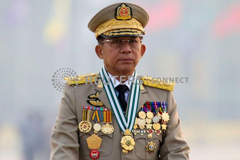 &copy; Reuters. FILE PHOTO: Myanmar's junta chief Senior General Min Aung Hlaing, who ousted the elected government in a coup on February 1, 2021,  presides at an army parade on Armed Forces Day in Naypyitaw, Myanmar, March 27, 2021. REUTERS/Stringer/File Photo
