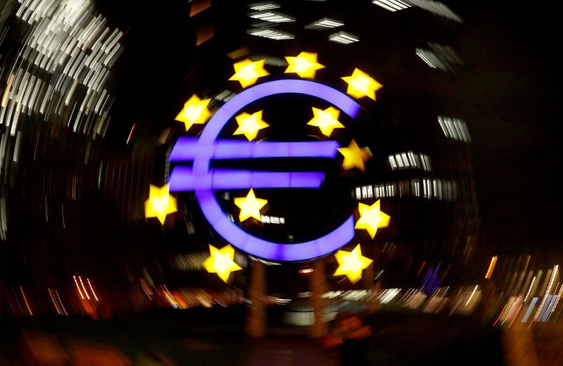 © Reuters. FILE PHOTO: The euro sign is photographed in front of the former headquarters of the European Central Bank in Frankfurt, Germany, April 9, 2019. Picture is taken on slow shutter speed while the camera was moved.  REUTERS/Kai Pfaffenbach