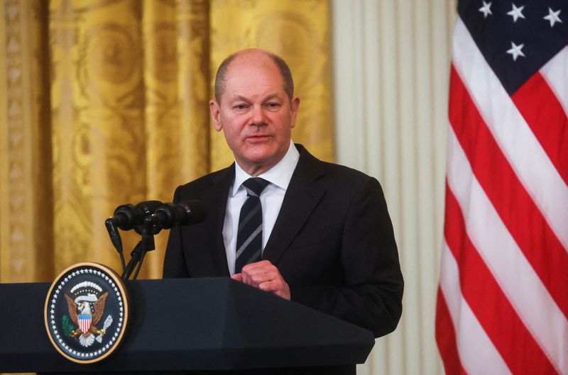 &copy; Reuters. German Chancellor Olaf Scholz speaks during a joint news conference with U.S. President Joe Biden (not pictured) at the White House in Washington, U.S. February 7, 2022. REUTERS/Leah Millis